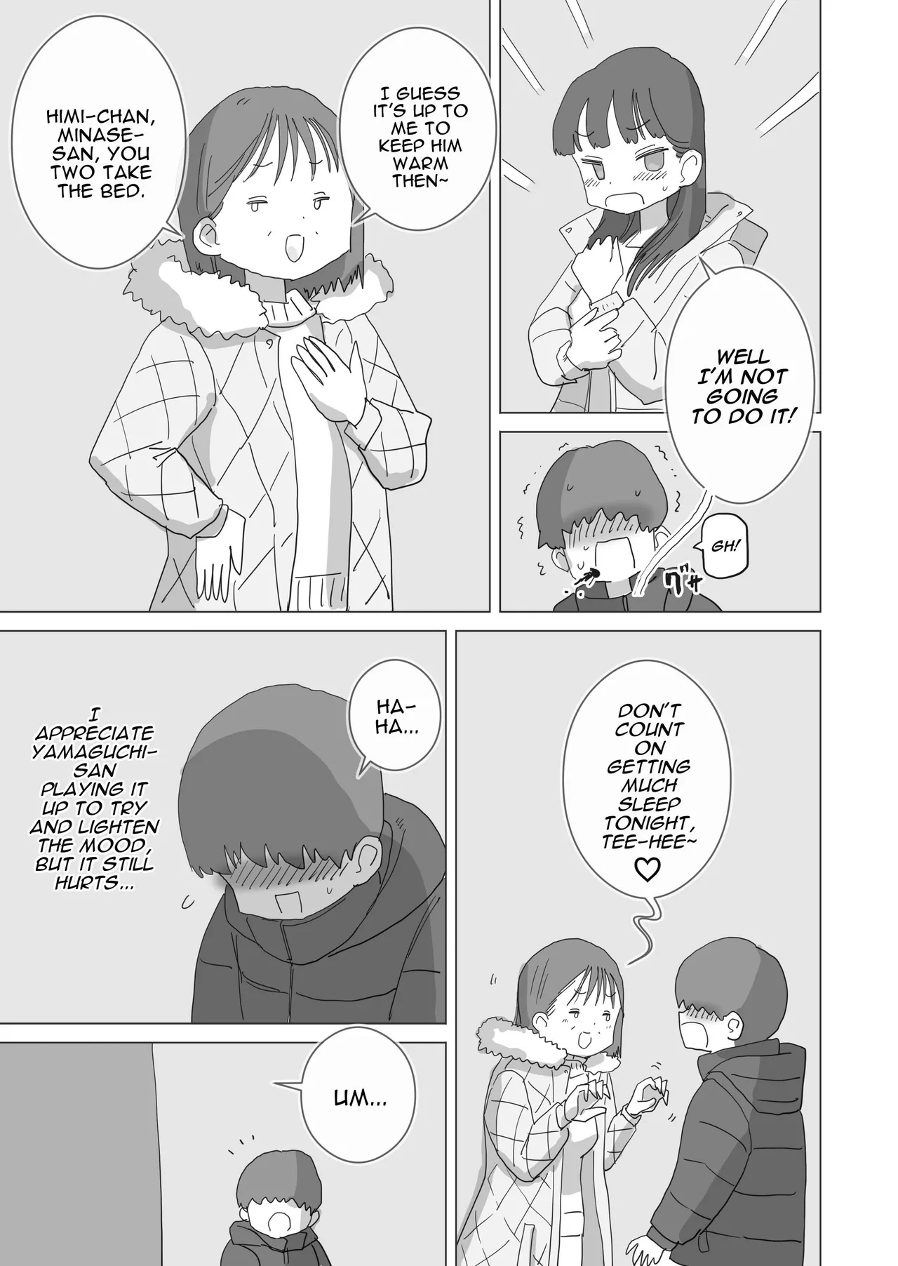 [Hiyashi Makura] Aru Ooyuki no Tsumetai Yoru Boku no Ie no Futon no Naka de Beit-saki no Onnanoko-tachi ga Naisho de Micchaku Atatame Ecchi Shite Kureta. | One Cold Snowy Night, My Colleague Secretly Had Intimate Warm-up Sex With Me Under The Bed Sheets. [English] [Darg777 Translations] page 12 original parody - sole male mosaic censorship hentai manga - read online free