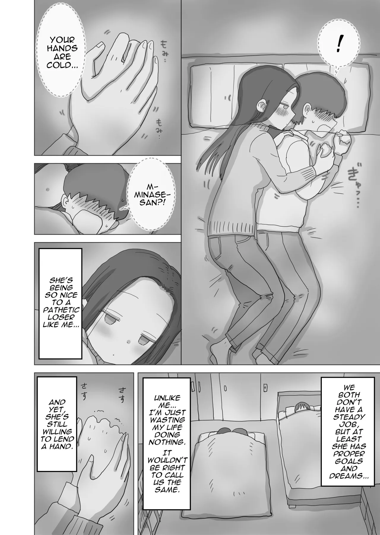[Hiyashi Makura] Aru Ooyuki no Tsumetai Yoru Boku no Ie no Futon no Naka de Beit-saki no Onnanoko-tachi ga Naisho de Micchaku Atatame Ecchi Shite Kureta. | One Cold Snowy Night, My Colleague Secretly Had Intimate Warm-up Sex With Me Under The Bed Sheets. [English] [Darg777 Translations] page 15 original parody - glasses story arc hentai manga - read online free