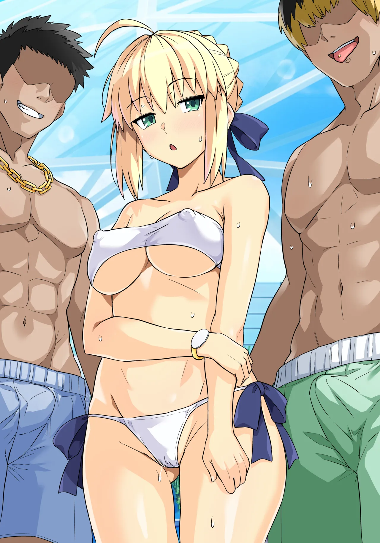 Saber-san Yarimoku Nanpamachi Pool Hen + Omake Mini CG Shuu page 65 featuring rin tosaka fate stay night parody - kissing swimsuit hentai manga - read online free